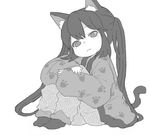  animal_ears cat_ears cat_tail greyscale k-on! kuzu_kow leg_hug long_hair looking_at_viewer monochrome nakano_azusa paw_print simple_background solo tail white_background 