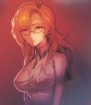  breasts brown_hair glasses kiryuu_moeka large_breasts long_hair looking_at_viewer misti orange_eyes shirt solo steins;gate upper_body 