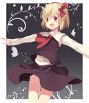  :d ascot bad_id bad_pixiv_id blonde_hair blush bug butterfly hair_ribbon insect long_sleeves marotti open_mouth outstretched_arms red_eyes revision ribbon rumia shirt skirt skirt_set smile solo touhou vest 