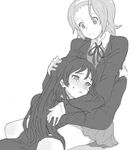  akiyama_mio blush greyscale hug k-on! kuzu_kow long_hair monochrome multiple_girls sakuragaoka_high_school_uniform school_uniform short_hair simple_background skirt smile tainaka_ritsu tears white_background 