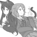  animal_ears cat_ears cat_tail greyscale heart hirasawa_yui k-on! kuzu_kow long_hair monochrome multiple_girls nakano_azusa short_hair simple_background smile tail white_background 