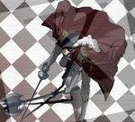  1boy boots checkered checkered_floor floor gloves hat hat_over_one_eye jacket lowres male male_focus one_piece solo weapon x_drake 
