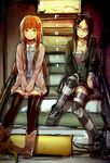  black_hair boots collaboration glasses kl multiple_girls nanjou_sachi onodera_punpun orange_hair oyasumi_punpun panties_(pantsu-pirate) red_eyes sitting sitting_on_stairs sketch stairs tanaka_aiko 