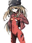  animal_hat badge blue_eyes breasts button_badge cat_hat evangelion:_3.0_you_can_(not)_redo eyepatch hanamuke hand_on_hip hat jacket long_hair looking_at_viewer neon_genesis_evangelion open_clothes open_jacket orange_hair pins plugsuit rebuild_of_evangelion shikinami_asuka_langley sketch small_breasts solo souryuu_asuka_langley track_jacket white_background 