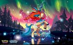  artist_request aurora blue_eyes gen_5_pokemon highres horn keldeo lake looking_at_viewer no_humans official_art pokemon_(creature) pokemon_trading_card_game red_hair solo tree wallpaper water watermark 
