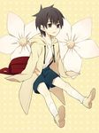  backpack bad_id bad_pixiv_id bag brown_eyes brown_hair child fate/zero fate_(series) flower hood hoodie kotomine_kirei light_persona lily_(flower) male_focus shorts sleeves_past_wrists solo yinxisan younger 