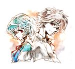  1girl ayanami_rei back-to-back blue_hair fuku_(46194832) grey_hair nagisa_kaworu neon_genesis_evangelion red_eyes short_hair 