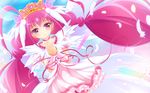  bad_id bad_pixiv_id bike_shorts blue_background choker cure_happy dutch_angle head_wings highres hoshizora_miyuki long_hair magical_girl pink pink_choker pink_eyes pink_hair pink_skirt precure princess_form_(smile_precure!) puffy_sleeves ribbon skirt smile smile_precure! solo tiara twintails yayayoruyoru 