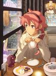  aran_sweater braid brown_eyes cellphone chef_hat chef_uniform cup food hairband hat holding indoors long_hair looking_out_window multiple_girls original pairan phone pink_hair plate short_hair sign single_braid sitting smile solo_focus spoon sweater table teacup window 