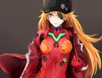  badge blue_eyes button_badge evangelion:_3.0_you_can_(not)_redo eyepatch grey_background hat jacket long_hair neon_genesis_evangelion open_clothes open_jacket orange_hair pins plugsuit rebuild_of_evangelion shikinami_asuka_langley solo souryuu_asuka_langley toromera track_jacket 