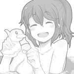  blush closed_eyes greyscale hirasawa_yui k-on! kuzu_kow monochrome nude rubber_duck short_hair smile solo water 