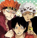  3boys black_hair blue_hair earrings eustass_captain_kid fur_jacket goggles goggles_on_head hat jewelry looking_at_viewer male male_focus monkey_d_luffy multiple_boys one_piece red_hair red_shirt scar shirt shock stare staring supernova surprised trafalgar_law trio wide-eyed 
