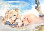  1girl armored_boots ass bangs bare_shoulders blonde_hair blue_bikini_top blue_eyes blue_gloves blue_sky blush boots bradamante_(fate/grand_order) braid breasts cleavage closed_mouth elbow_gloves fate/grand_order fate_(series) feet_up gloves hair_between_eyes hair_ornament halo legs light_particles long_hair looking_at_viewer lying medium_breasts on_stomach sky smile solo teddy_(khanshin) thighs twintails white_bikini_bottom 