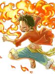  1boy black_hair fighting_stance fire male male_focus monkey_d_luffy one_piece open_clothes open_shirt red_shirt sandals sash shirt solo 