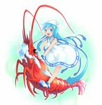  1girl akama_zenta atyana blue_eyes blue_hair foam ikamusume shinryaku!_ikamusume shrimp simple_background smile whiskers white_background 