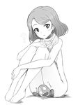  ? amamoto_reisen barefoot full_body greyscale hand_on_own_knee horuhisu leg_hug long_hair mechazinaida monochrome naked_scarf nude power_pro_kun_pocket power_pro_kun_pocket_4 scarf short_hair simple_background sitting solo white_background 