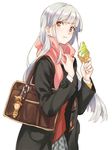  bad_id bad_pixiv_id bag banned_artist blush brown_eyes coat copyright_request food food_on_face ice_cream ice_cream_on_face long_hair looking_at_viewer purple_hair scarf school_bag school_uniform silver_hair skirt solo yuu_(warm_water) 