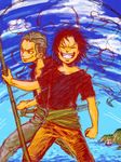  2boys black_hair child fykr fykr00 gol_d_roger grin jolly_roger male male_focus multiple_boys ocean one_piece outdoors pirate pirate_flag pixiv_thumbnail resized sash silvers_rayleigh simle smile sword weapon young younger 