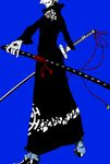 1boy al-10 blue blue_background color_background denim earrings full_body hat jacket jeans jewelry jolly_roger looking_at_viewer male male_focus nodachi one_piece over_shoulder pants pirate red_string scabbard sheath solo spot_color standing string sword tattoo trafalgar_law weapon 