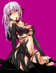  breasts covered_nipples dark_persona dark_sakura fate/stay_night fate_(series) hair_ribbon long_hair matou_sakura medium_breasts mouth_hold purple_hair red_eyes ribbon solo warakusa 