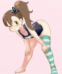  barefoot bent_over brown_hair butterfly_hair_ornament chousoku_henkei_gyrozetter green_eyes hair_ornament hands_on_own_knees inaba_rinne long_hair one-piece_swimsuit one_eye_closed school_swimsuit side_ponytail single_thighhigh solo striped striped_legwear swimsuit thighhighs tof 