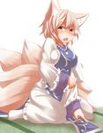  animal_ears black_eyes blonde_hair breasts breath covered_nipples fox_ears fox_tail large_breasts lint_roller looking_at_viewer messy_hair multiple_tails no_hat no_headwear open_mouth short_hair sitting solo tabard tail tamahana touhou wariza white_background white_legwear yakumo_ran 