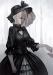  adapted_costume ahoge artoria_pendragon_(all) blonde_hair blue_flower blue_rose bryanth corset dress fate/hollow_ataraxia fate/stay_night fate_(series) flower gothic_lolita gown hair_ribbon hat highres lolita_fashion pale_skin ribbon rose saber_alter solo veil yellow_eyes 