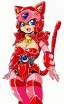  animal_ears animal_helmet armor bell bell_collar blue_eyes bodysuit boots breasts cat_ears cat_tail collar eyelashes fang helmet kyatto_ninden_teyandee large_breasts mecha_musume no_humans pururun slender_waist solo tail takeshi_aono thigh_boots thighhighs 