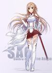  asuna_(sao) bare_shoulders belt breastplate brown_eyes brown_hair buckle character_name copyright_name detached_sleeves highres jjwww_love long_hair skirt smile solo sword sword_art_online thighhighs v weapon 