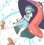  blue_eyes blue_hair blush geta heterochromia karakasa_obake kuronuko_neero looking_at_viewer open_mouth purple_umbrella red_eyes sandals short_hair skirt solo tatara_kogasa tongue touhou umbrella 