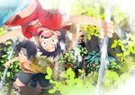  2boys bandage belt black_hair brother brothers east_blue family freckles hat jump jumping male male_focus monkey_d_luffy multiple_boys mushroom nyuu_men one_piece open_clothes open_shirt outdoors plant plants pole portgas_d_ace scar shirt shueisha siblings smile straw_hat weapon young younger 