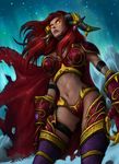  alexstrasza armband armor bad_id bad_pixiv_id bikini_armor boots cape claws elune_(artist) gauntlets glowing glowing_eyes horn_ring horns long_hair midriff orange_eyes red_hair solo thigh_boots thigh_strap thighhighs warcraft world_of_warcraft 