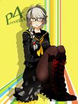  between_breasts boots braid breasts brown_legwear candy cross-laced_footwear cross_eyed food full_body genderswap genderswap_(mtf) glasses grey_eyes grey_hair hair_over_shoulder highres houndstooth knee_boots lace-up_boots large_breasts legs_together lollipop long_hair mouth_hold narukami_yuu necktie necktie_between_breasts onoe_junki pantyhose persona persona_4 school_uniform serafuku sitting solo twin_braids unmoving_pattern 