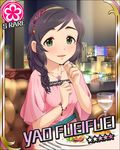  artist_request asymmetrical_hair black_hair card_(medium) character_name croissant cup drinking_glass flower flower_(symbol) food green_eyes hair_ornament idolmaster idolmaster_cinderella_girls indoors jewelry long_hair necklace night official_art plate ring solo wine_glass yao_feifei 