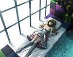  bare_shoulders bed blonde_hair blush breasts cleavage collarbone crescent erubo large_breasts legs long_hair lying original petals solo star thighhighs thighs water white_legwear window window_shade zettai_ryouiki 