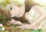  blue_eyes breasts brown_hair capelet cleavage dress face feathers fingernails flower frills leaf lips long_fingernails long_hair lying medium_breasts nail_polish nature on_side original piyotama plant solo vines 