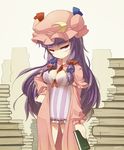  blueberry_(5959) book book_stack bow breasts capelet crescent dress hair_bow hat hat_ribbon holding holding_book large_breasts long_hair patchouli_knowledge purple_eyes purple_hair ribbon solo striped too_many too_many_books touhou vertical_stripes 