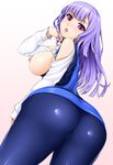  ass bare_shoulders breasts chestnut_mouth gradient gradient_background gundam gundam_zz highres lambda_(kusowarota) large_breasts long_hair long_sleeves looking_back nipples open_mouth purple_eyes purple_hair roux_louka simple_background skin_tight solo 