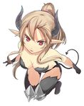  armor bad_id bad_pixiv_id bare_shoulders black_legwear breasts brown_hair demon_girl demon_horns demon_tail horns long_hair medium_breasts original pointy_ears ponytail red_eyes sandarumi solo tail thighhighs 