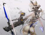  armor ass bow bow_(weapon) crossbow green_eyes kazutaka looking_at_viewer original pale_skin weapon white_hair 
