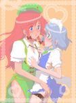  arm_around_waist ass ass_grab beret blue_eyes blush braid breast_grab breasts chinese_clothes couple grabbing hair_ribbon hand_on_ass hat highres hong_meiling izayoi_sakuya large_breasts long_hair maid maid_headdress multiple_girls nail_polish neckwear_grab red_hair ribbon short_hair side_slit silver_hair touhou twin_braids uzzy_corn yuri 