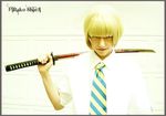  1boy bleach blonde_hair cosplay hirako_shinji katana male male_focus necktie photo shinigami short_hair smile solo sword visored weapon 