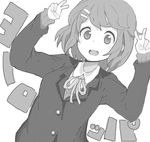  blush_stickers greyscale hirasawa_yui k-on! kuzu_kow monochrome open_mouth round_teeth sakuragaoka_high_school_uniform school_uniform short_hair simple_background smile solo teeth v white_background 