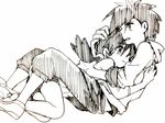  1girl couple crystal_(pokemon) gold_(pokemon) hand_on_another's_head hetero hk_(nt) hug lying monochrome pokemon pokemon_special traditional_media twintails 