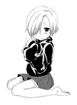  barefoot blush greyscale hair_over_one_eye highres idolmaster idolmaster_cinderella_girls monochrome shirasaka_koume short_hair sitting skirt solo sweatshirt yu_tin 