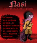  2011 anthro blue_eyes clothing equine facial_hair hair helmet horse invalid_tag looking_at_viewer male mammal nazi pony pridark purple_hair solo spanish spanish_text text translated 