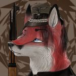 ambiguous_gender blue_eyes canine fox gun hat kar98k lycangel mammal nazi portrait ranged_weapon rifle solo unimpressed weapon 