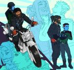  armor beard blue_skin boots clothed clothing duo elf eyes_closed facial_hair facial_piercing fingerless_gloves footwear fully_clothed gloves green_eyes helmet humanoid male mammal motorcycle multiple_images mustache needmorekimchi not_furry piercing pointy_ears smile vehicle 