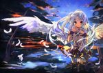  angel_beats! angel_wings blazer blue_hair cloud feathers hanehane_kiro highres jacket long_hair pleated_skirt revision school_uniform skirt solo sunset tenshi_(angel_beats!) wading water wings yellow_eyes 