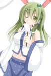  animal_ears bad_id bad_pixiv_id blush breasts bunny_ears chimunge detached_sleeves frog_hair_ornament gohei green_eyes green_hair hair_ornament hair_tubes highres kochiya_sanae large_breasts long_hair one_eye_closed skirt smile snake solo touhou 